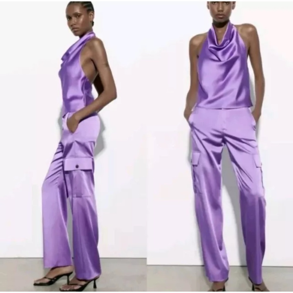 NWT ZARA Satin Straight High Rise Purple TROUSERS CARGO PANTS 2201/552 Sz XL